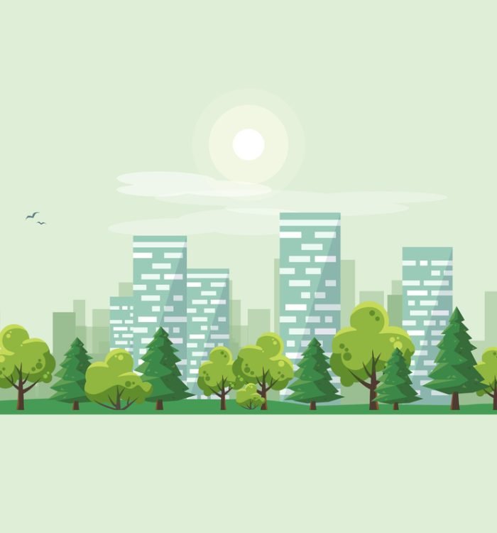 Flat vector illustration of urban road landscape street with city office house buildings and green trees on skyline background in cartoon style.