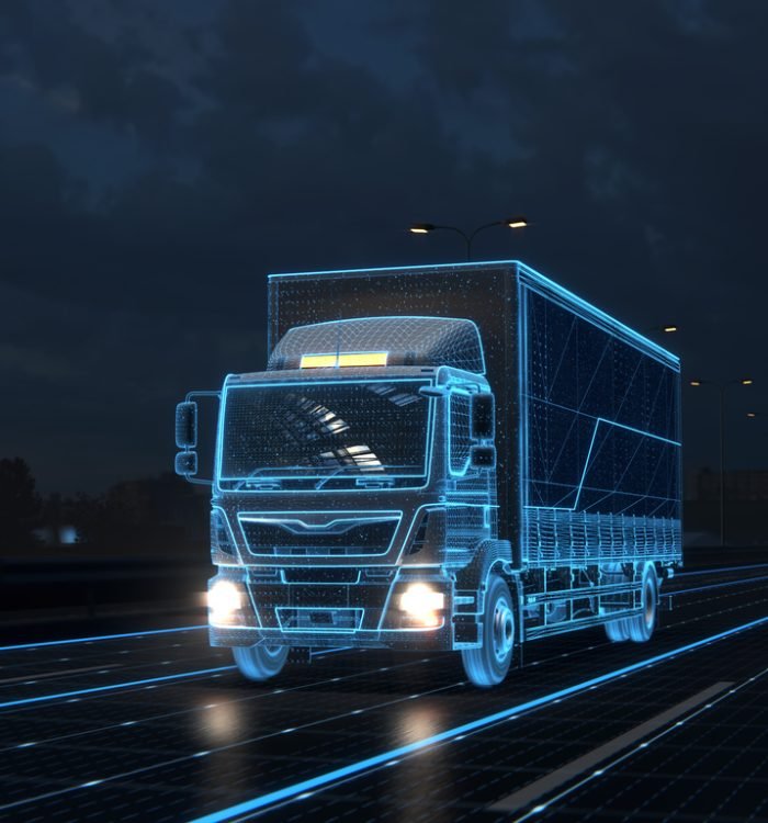 Technology Concept 3d render. Autonomic futuristic Euro semi truck with Cargo Trailer Drives at Night on Road with Sensors Scanning Surrounding. Special Effects of Self Driving Digitalizing Freeway